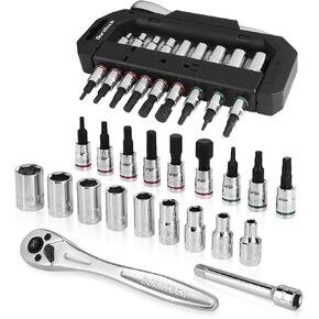 DURATECH 1/4" Drive Socket Set 20 Pieces, Including Metric and SAE Bit Sockets, Ratchet Wrench, Extension Bar, and Swivel Storage Rack, Cr-V S2 alloy steel, Meets ANSI Standards