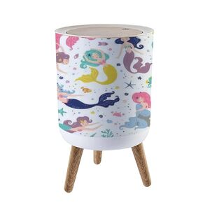 Seamless Childish Cute Mermaids Creative Kids Texture for Fabric Trash Can with Lid Kitchen Bathroom Bedroom 1.8 Gallon Press Cover Wastebasket Office Wood Small Garbage Bin Waste Bin