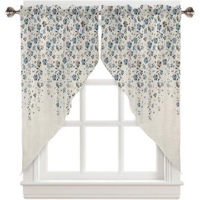 Floral Swag Valance Curtains Flower Blue Grey Cherry Blossoms White Background Rod Pocket Kitchen Curtains Scalloped Window Treatment Valances Swag Curtains for Living Room, 1 Pair, 36"W x 36"L