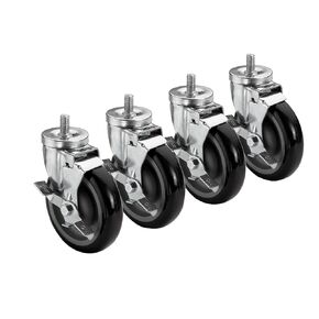 Krowne 28-146S Krowne Threaded Stem Caster, Swivel with Brake, 5" Diameter, 3/4"-10 x 1" Threaded stem, 220 lbs per Caster Load Capacity, Grease Resistant, Raises Height of Equipment 6" (Set of 4)