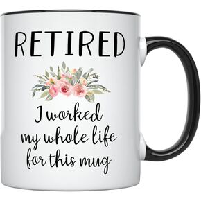 YouNique Designs Retired, Retirement Mug for Women, 11 Ounces, Female Retirement Coffee Mug, Retired Cup for Women, Happy Retirement Mug for Coworker (Black Handle), 1 Count (Pack of 1)