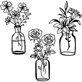 GUASDIE 3-piece Black Metal Flowers Wall Art Decor Minimalist Vase Wall Art Metal Wall Sculptures Home Decor Floral Magnolia Daisy for Indoor Kitchen Bathroom Bedroom Living Room,11.8x7 inches,Set A