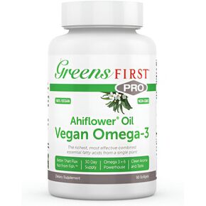 Greens First PRO Ahiflower Oil Vegan Omega-3, 30 Day Supply – 2250 mg – Omega 3 + 6 + 9 Powerhouse – Contains Omega-3 Stearidonic Acid SDA – Gamma Linolenic Acid GLA – No Soy or Corn Oil – Non-GMO