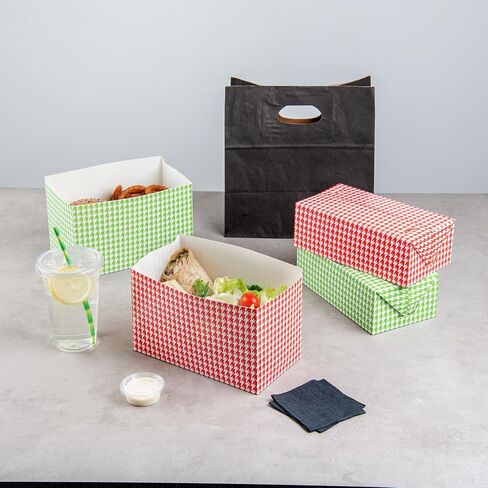 Restaurantware Bio Tek 47 Ounce To Go Boxes, 400 Rectangle Take Out Food Containers - Fast Top Closure, Disposable, Black Houndstooth Paper Carry Out Containers, For Burgers Or Fried Chicken in Saudi Arabia