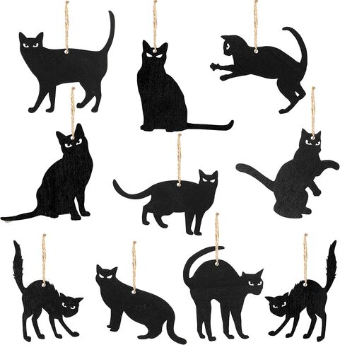WATINC 31pcs Halloween Black Cat Silhouette Wood Hanging Ornament, Halloween Decorations Mexican Fiesta Festival Party Cats Wooden Gift Tags Decor Cutouts Décor Crafts Pendant Favor for Home Tree in Saudi Arabia