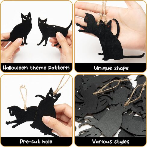 WATINC 31pcs Halloween Black Cat Silhouette Wood Hanging Ornament, Halloween Decorations Mexican Fiesta Festival Party Cats Wooden Gift Tags Decor Cutouts Décor Crafts Pendant Favor for Home Tree in Saudi Arabia