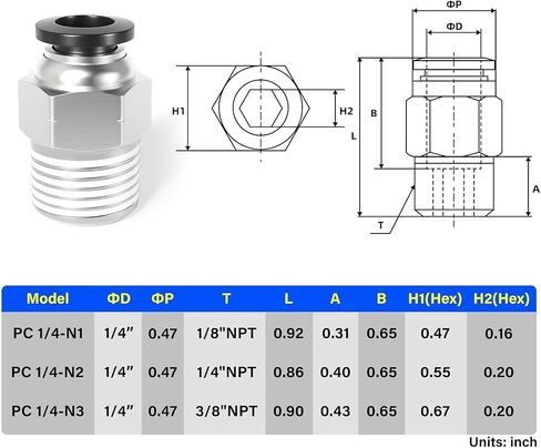 TAILONZ PNEUMATIC 1/4 Inch od Push to Connect Fittings Pneumatic Fittings Kit 2 Spliters+2 Elbows+2 tee+2 Straight +6 Male Straight NPT Thread(14 PCS) in Saudi Arabia