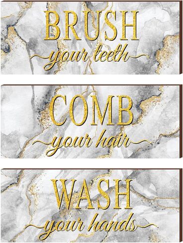 3 Pieces Farmhouse Bathroom Wall Decor Art Wash Your Hands Brush Your Teeth Comb Your Hair Bathroom Sign Plaque Boys Kids Bathroom Decor Decorative Grey Gold White Marble Wood Bathroom Wall Decor in Saudi Arabia
