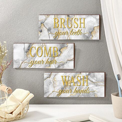 3 Pieces Farmhouse Bathroom Wall Decor Art Wash Your Hands Brush Your Teeth Comb Your Hair Bathroom Sign Plaque Boys Kids Bathroom Decor Decorative Grey Gold White Marble Wood Bathroom Wall Decor in Saudi Arabia