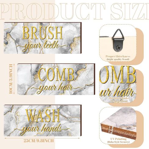 3 Pieces Farmhouse Bathroom Wall Decor Art Wash Your Hands Brush Your Teeth Comb Your Hair Bathroom Sign Plaque Boys Kids Bathroom Decor Decorative Grey Gold White Marble Wood Bathroom Wall Decor in Saudi Arabia