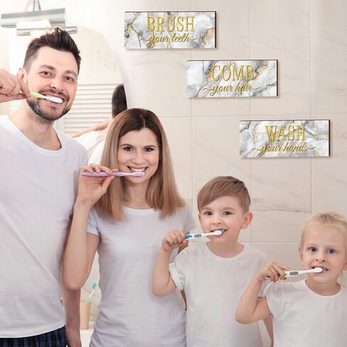 3 Pieces Farmhouse Bathroom Wall Decor Art Wash Your Hands Brush Your Teeth Comb Your Hair Bathroom Sign Plaque Boys Kids Bathroom Decor Decorative Grey Gold White Marble Wood Bathroom Wall Decor in Saudi Arabia