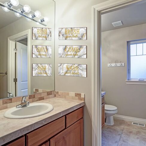 3 Pieces Farmhouse Bathroom Wall Decor Art Wash Your Hands Brush Your Teeth Comb Your Hair Bathroom Sign Plaque Boys Kids Bathroom Decor Decorative Grey Gold White Marble Wood Bathroom Wall Decor in Saudi Arabia