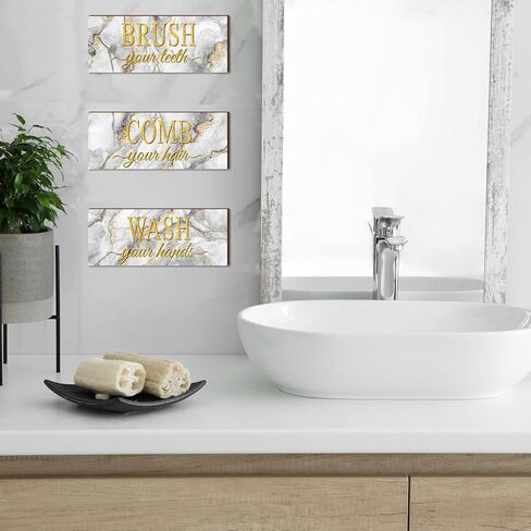 3 Pieces Farmhouse Bathroom Wall Decor Art Wash Your Hands Brush Your Teeth Comb Your Hair Bathroom Sign Plaque Boys Kids Bathroom Decor Decorative Grey Gold White Marble Wood Bathroom Wall Decor in Saudi Arabia