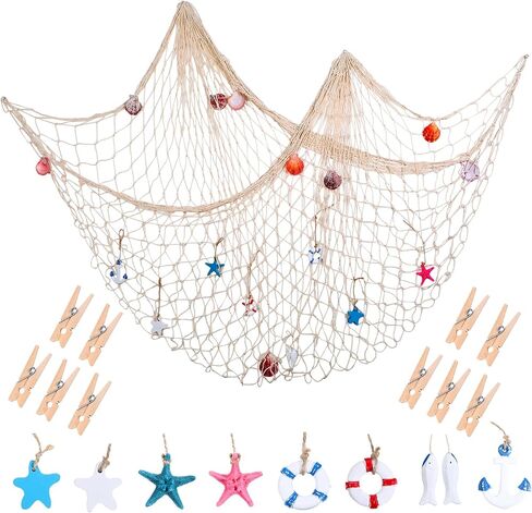 28 Pcs Fishnet Decorative Nature Fish Net Wall Decoration Set 79 x 59 Inch Nautical Fishing Net Hanging Decor, 9 Sea Shells, 4 Starfish, 2 Life Ring, Fish, Anchor, 10 Clips for Party (Blue) in Saudi Arabia
