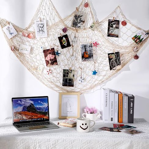 28 Pcs Fishnet Decorative Nature Fish Net Wall Decoration Set 79 x 59 Inch Nautical Fishing Net Hanging Decor, 9 Sea Shells, 4 Starfish, 2 Life Ring, Fish, Anchor, 10 Clips for Party (Blue) in Saudi Arabia