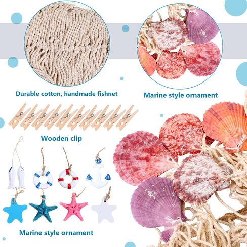28 Pcs Fishnet Decorative Nature Fish Net Wall Decoration Set 79 x 59 Inch Nautical Fishing Net Hanging Decor, 9 Sea Shells, 4 Starfish, 2 Life Ring, Fish, Anchor, 10 Clips for Party (Blue) in Saudi Arabia