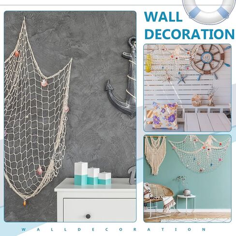 28 Pcs Fishnet Decorative Nature Fish Net Wall Decoration Set 79 x 59 Inch Nautical Fishing Net Hanging Decor, 9 Sea Shells, 4 Starfish, 2 Life Ring, Fish, Anchor, 10 Clips for Party (Blue) in Saudi Arabia
