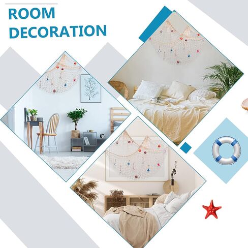 28 Pcs Fishnet Decorative Nature Fish Net Wall Decoration Set 79 x 59 Inch Nautical Fishing Net Hanging Decor, 9 Sea Shells, 4 Starfish, 2 Life Ring, Fish, Anchor, 10 Clips for Party (Blue) in Saudi Arabia