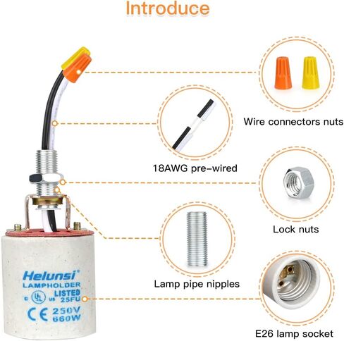 E26 E27 Ceramic Light Socket, Helunsi Medium Base Porcelain Lamp Holder, Ceramic Light Bulb Socket with 12" Wire Lead, Medium Base Lampholder for Incandescent Led Light Bulbs Replacement (Pack of 4) in Saudi Arabia