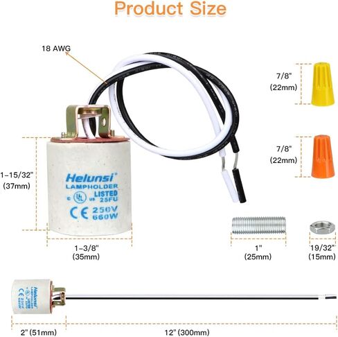 E26 E27 Ceramic Light Socket, Helunsi Medium Base Porcelain Lamp Holder, Ceramic Light Bulb Socket with 12" Wire Lead, Medium Base Lampholder for Incandescent Led Light Bulbs Replacement (Pack of 4) in Saudi Arabia
