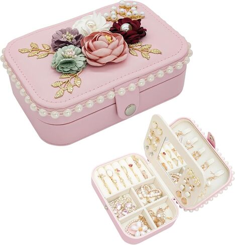 Wonhibo Cute Travel Small Jewelry Case Box with Mirror for Girls Women, Black Luxury Flower Necklace Ring Earrings Organizer in Saudi Arabia