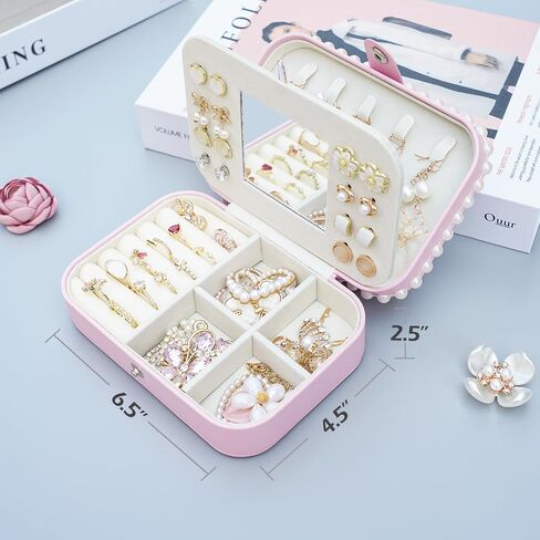 Wonhibo Cute Travel Small Jewelry Case Box with Mirror for Girls Women, Black Luxury Flower Necklace Ring Earrings Organizer in Saudi Arabia