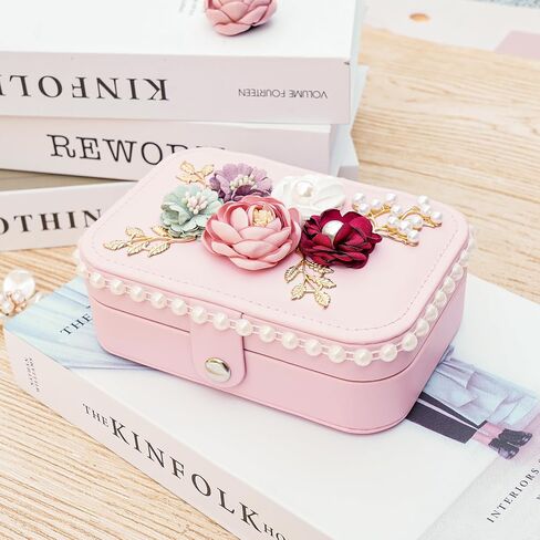 Wonhibo Cute Travel Small Jewelry Case Box with Mirror for Girls Women, Black Luxury Flower Necklace Ring Earrings Organizer in Saudi Arabia