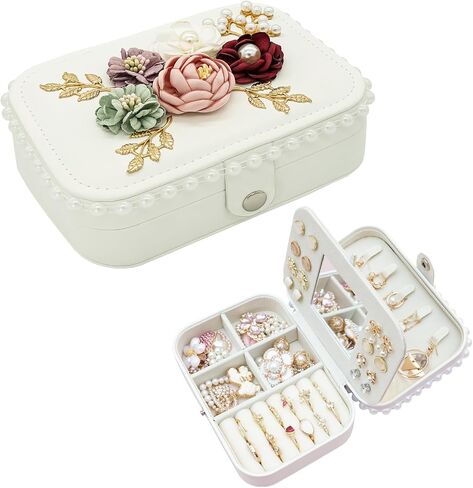 Wonhibo Cute Travel Small Jewelry Case Box with Mirror for Girls Women, Black Luxury Flower Necklace Ring Earrings Organizer in Saudi Arabia
