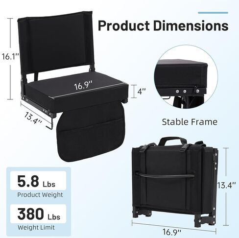 Cold Stadium Seat with Cushion and Backrest, Portable Bleacher Chair with Shoulder Strap, Folds to Compact Size, Extra Wide, Black in Saudi Arabia