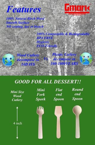 Gmark 4" Mini Wooden Spoons 100 ct, Biodegradable Compostable Birchwood (100pcs/bag) GM1042A in Saudi Arabia