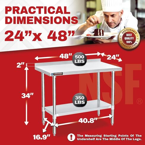 DuraSteel NSF Commercial Kitchen Table - 24 x 48 Inch Cooking Prep Stainless Steel Kitchen Island Workstation w/ Adjustable Under Shelf - Heavy Metal Backsplash Workbench For Restaurant, Home, Garage in Saudi Arabia
