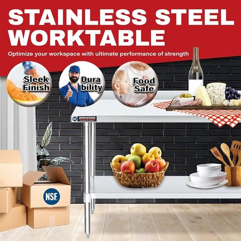 DuraSteel NSF Commercial Kitchen Table - 24 x 48 Inch Cooking Prep Stainless Steel Kitchen Island Workstation w/ Adjustable Under Shelf - Heavy Metal Backsplash Workbench For Restaurant, Home, Garage in Saudi Arabia