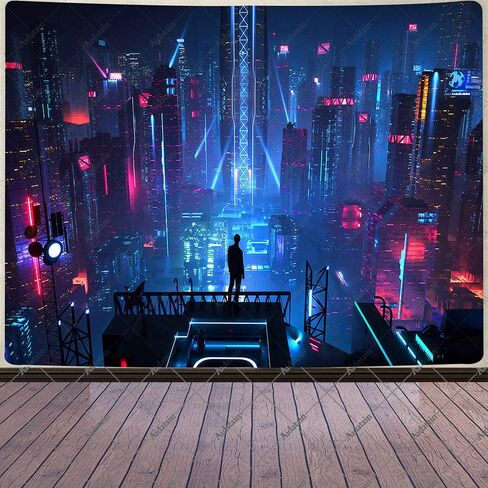 Aidatain Punk Cityscape نسيج ناطحات السحاب Skyline 3D Urben Building Neon Lights Night Wall شنقا المفروشات الفانيلا حجم كبير 80 "60" لغرفة النوم وغرفة المعيشة GTWHAT102 in Kuwait