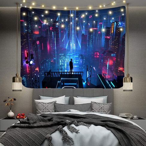 Aidatain Punk Cityscape نسيج ناطحات السحاب Skyline 3D Urben Building Neon Lights Night Wall شنقا المفروشات الفانيلا حجم كبير 80 "60" لغرفة النوم وغرفة المعيشة GTWHAT102 in Kuwait