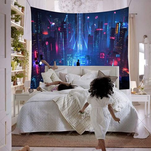 Aidatain Punk Cityscape نسيج ناطحات السحاب Skyline 3D Urben Building Neon Lights Night Wall شنقا المفروشات الفانيلا حجم كبير 80 "60" لغرفة النوم وغرفة المعيشة GTWHAT102 in Kuwait