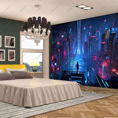 Aidatain Punk Cityscape نسيج ناطحات السحاب Skyline 3D Urben Building Neon Lights Night Wall شنقا المفروشات الفانيلا حجم كبير 80 "60" لغرفة النوم وغرفة المعيشة GTWHAT102 in Kuwait