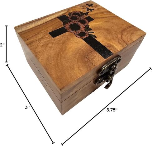 صندوق مسبحة صلاة صليب عباد الشمس | تذكار مجوهرات المناولة الأولى لخرز المسبحة والمجوهرات الصغيرة والتذكارات. حامل صندوق المسبحة، صندوق تذكار روماني، صندوق صلاة مزخرف (3.75 × 3 × 2 بوصة 3SRBP) in Kuwait