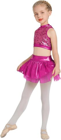 IBAKOM Girls Sequins Dance Outfits Halter Metallic Crop Top Camisole Tutu Skirt Hip Hop Clothes Kids Jazz Dance Costume in Saudi Arabia