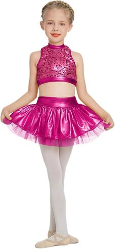 IBAKOM Girls Sequins Dance Outfits Halter Metallic Crop Top Camisole Tutu Skirt Hip Hop Clothes Kids Jazz Dance Costume in Saudi Arabia