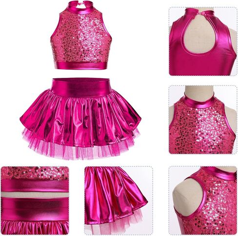 IBAKOM Girls Sequins Dance Outfits Halter Metallic Crop Top Camisole Tutu Skirt Hip Hop Clothes Kids Jazz Dance Costume in Saudi Arabia