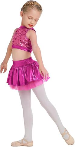 IBAKOM Girls Sequins Dance Outfits Halter Metallic Crop Top Camisole Tutu Skirt Hip Hop Clothes Kids Jazz Dance Costume in Saudi Arabia