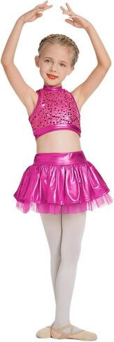 IBAKOM Girls Sequins Dance Outfits Halter Metallic Crop Top Camisole Tutu Skirt Hip Hop Clothes Kids Jazz Dance Costume in Saudi Arabia