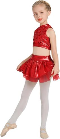 IBAKOM Girls Sequins Dance Outfits Halter Metallic Crop Top Camisole Tutu Skirt Hip Hop Clothes Kids Jazz Dance Costume in Saudi Arabia