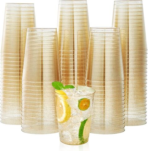 100 Pack 10 oz Gold Glitter Plastic Party Cups, Disposable Plastic Cups Tumblers, Gold Plastic Drinking Cups with Glitter Perfect for Wedding, Thanksgiving Day, Christmas Halloween Party Cups in Saudi Arabia