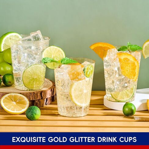 100 Pack 10 oz Gold Glitter Plastic Party Cups, Disposable Plastic Cups Tumblers, Gold Plastic Drinking Cups with Glitter Perfect for Wedding, Thanksgiving Day, Christmas Halloween Party Cups in Saudi Arabia
