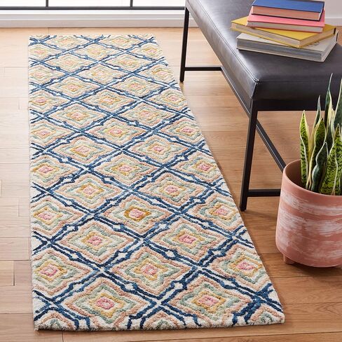 SAFAVIEH Trace Collection Area Rug - 8' x 10', Ivory & Navy, Handmade Wool, Ideal for High Traffic Areas in Living Room, Bedroom (TRC512A) in Saudi Arabia
