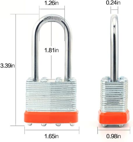 Laminated Steel Keyed Padlock,Keyed Alike Locks, Long Shackle Padlock,1-9/16"(40mm) Wide Body，Pack of 12,Ring Orange in Saudi Arabia