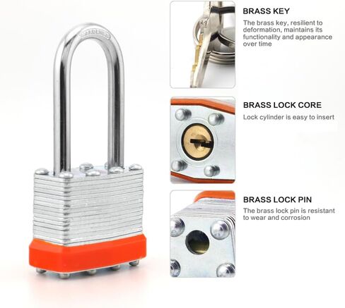 Laminated Steel Keyed Padlock,Keyed Alike Locks, Long Shackle Padlock,1-9/16"(40mm) Wide Body，Pack of 12,Ring Orange in Saudi Arabia