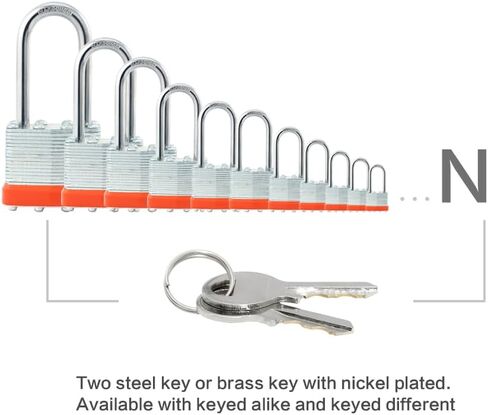 Laminated Steel Keyed Padlock,Keyed Alike Locks, Long Shackle Padlock,1-9/16"(40mm) Wide Body，Pack of 12,Ring Orange in Saudi Arabia