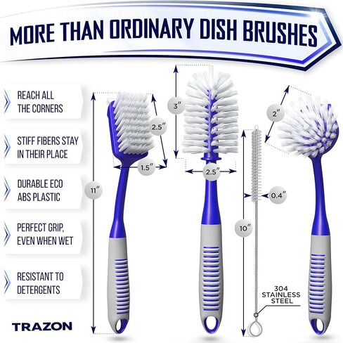 Dish Brush Set of 4 with Bottle Water Brush, Dish Scrub Brush, Scrubber Brush and Straw Brush - Kitchen Scrub Brushes Ergonomic Non Slip Long Handle for Cleaning Cleaner Wash Dish Sink Dishes Cup Pot in Saudi Arabia